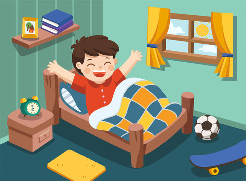 A Little boy wake up in the morning. Isolated vector.