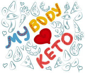 Keto diet hand drawn vector lettering. Low carb diet clipart, sticker. My body loves keto quote.