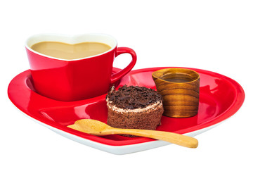 Coffee  in the red cup and chocolate cake isolated on white background.