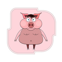 vector illustration of a cartoon pig on its hind legs with bangs, blue eyes and bare breasts and navel against the background of a pink geometric figure