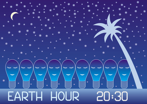 Earth Hour. Many lamps, drawn by a white contour, sleep against the starry sky, moon and palm tree. Text: Earth Hour 20:30. Symbolic drawing. On the last Saturday of March, the world turns off the lig