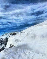 Fototapeta na wymiar Hand drawing watercolor art on canvas. Artistic big print. Original modern painting. Acrylic dry brush background. Beautiful winter mountain landscape. 