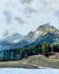 Hand drawing watercolor art on canvas. Artistic big print. Original modern painting. Acrylic dry brush background.  Beautiful winter mountain landscape.  