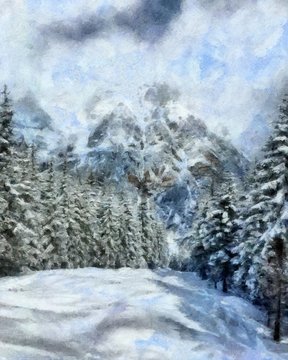 Hand drawing watercolor art on canvas. Artistic big print. Original modern painting. Acrylic dry brush background.  Beautiful winter mountain landscape.  
