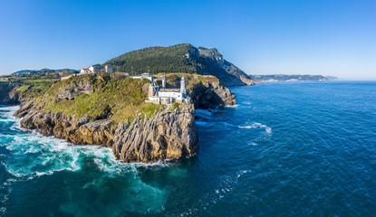 Santa Catalina lighthouse in Lekeitio, Basque Country  - drone view