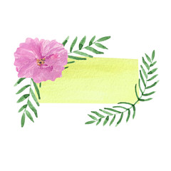 empty watercolor template of yellow color with pink flower and green leaves. hand drawing illustration, for design and decor