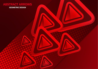 Futuristic abstract background template with arrows from triangles. Bright red geometric design elements for banner, poster, business card. Vector illustration
