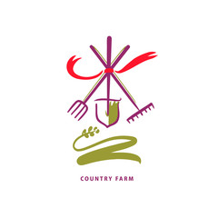 Country Farm. Freehand drawn vector logo. Concept family farming, garden, eco life. Template logotype for farm business with silhouette garden accessory and ribbon