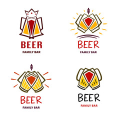 Family beer bar logo. Set template freehand drawn image with silhouette glass, crown and shield. Concept design label, insignia, badge for family food and drink beverage business. Vector illustration