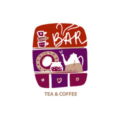 Tea and coffee bar. Concept design with silhouette cup, kettle, coffee, tea pot, mug. Template logo, banner, poster for cafe, shop, bistro, boutique, restaurant