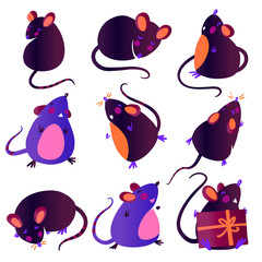 2020 Mouse Happy New Year template badge, insignia. Mouse, Rat horoscope sign. Chinese year of Rat 2020. Hand drawn vector illustration