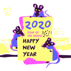 2020 Mouse Happy New Year template greeting card, postcard, banner, poster, flyer. Set Mouse, Rat horoscope sign. Chinese lunar calendar, year of Rat 2020. Eighties style design with leopard pattern