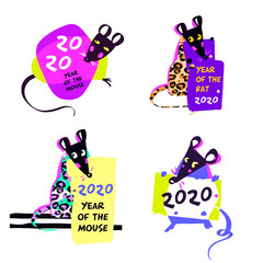 2020 Mouse Happy New Year template greeting card, postcard, banner, poster, flyer. Set Mouse, Rat horoscope sign. Chinese lunar calendar, year of Rat 2020. Eighties style design with leopard pattern.
