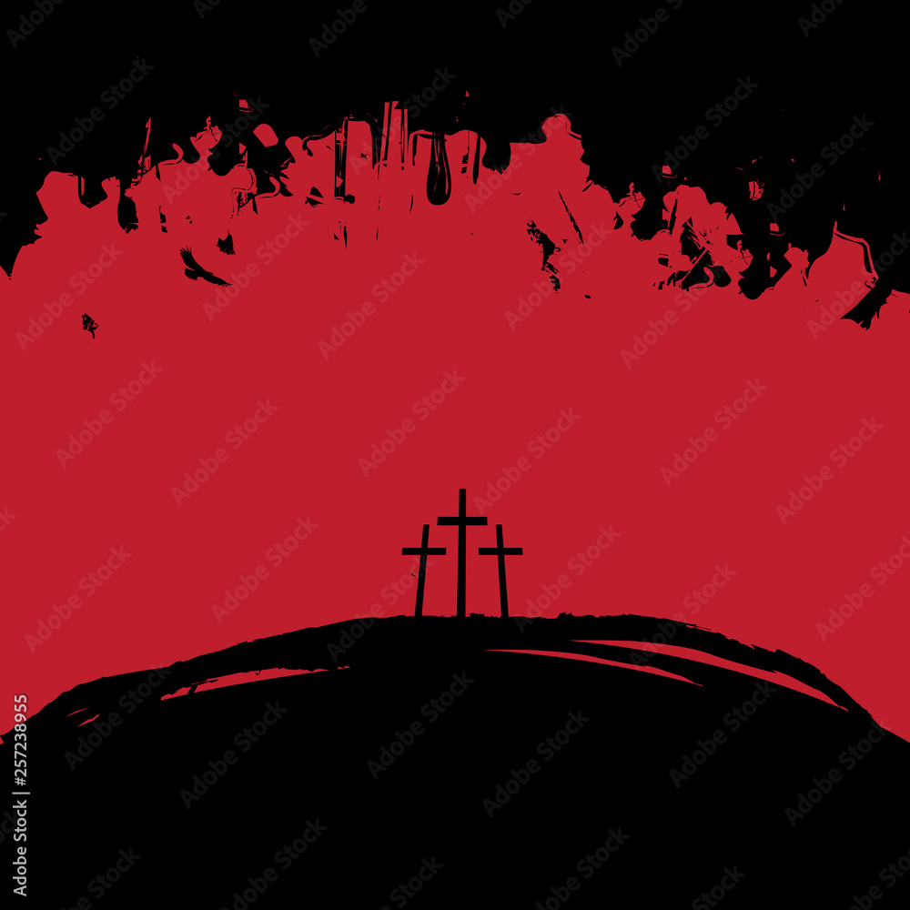 Sticker vector illustration on christian theme with three crosses on mount calvary in black and red colors o