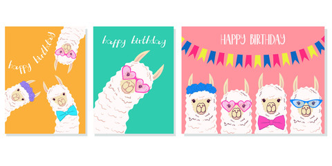 Cute llama, alpaca for poster, greeting, birthday card and party decor collection. Vector illustration