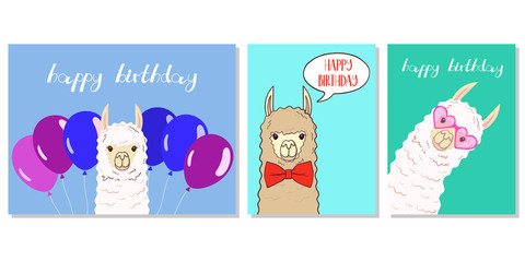 Cute llama, alpaca for poster, greeting, birthday card and party decor collection. Vector illustration