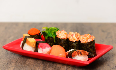 Plate with fresh sushi