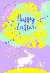 Concept image with rabbit for Happy Easter. Template sketch vertical banner, poster for celebration religion holiday. Vector illustration