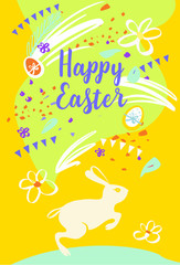 Concept image with rabbit for Happy Easter. Template sketch vertical banner, poster for celebration religion holiday. Vector illustration