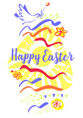 Concept image with silhouette dove and flower for Happy Easter. Template sketch vertical banner, poster for celebration religion holiday. Vector illustration