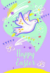Concept image with silhouette dove for Happy Easter. Template sketch vertical banner, poster for celebration religion holiday. Vector illustration.