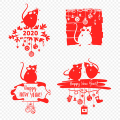 Happy new year 2020. Template banner, poster, flyer image for Happy new year party with rat, mice. Lunar horoscope sign mouse. Funny sketch mouse with long tail. Vector illustration