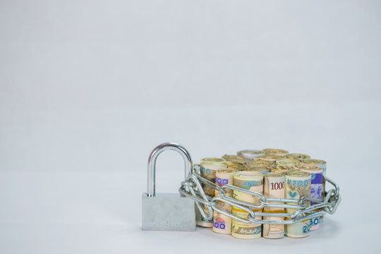 Bundles Of Naira Cash Chained And Padlock Concept Of Esecurity