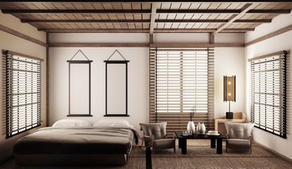 Bedroom. zen style bedroom. serene bedroom. Wood bed with tatami floor japanese style. 3D rednering
