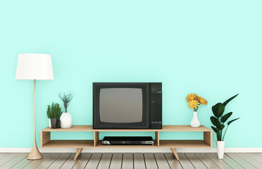 Tv cabinet design with mint brick wall on white wooden floor. 3d rendering