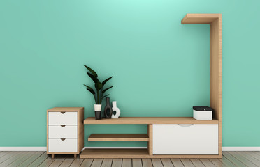 Tv cabinet design with mint wall on white wooden floor. 3d rendering