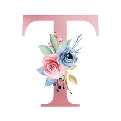 Floral alphabet, letter T with watercolor flowers and leaf. Monogram initials perfectly for wedding invitations, greeting card, logo, poster and other design. Hand painting. 