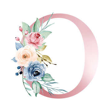 Floral alphabet, letter O with watercolor flowers and leaf. Monogram initials perfectly for wedding invitations, greeting card, logo, poster and other design. Hand painting. 