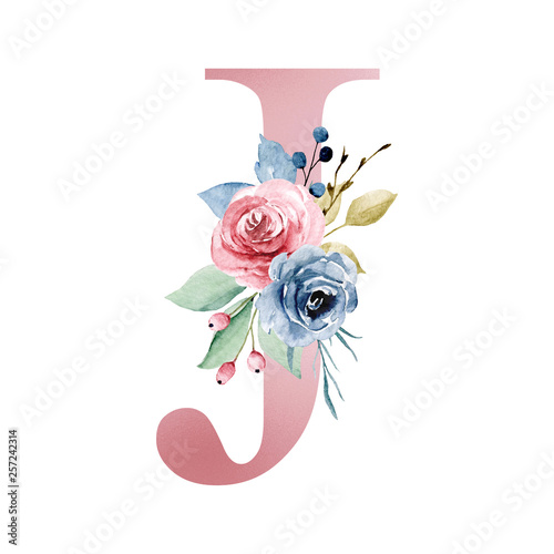 "Floral alphabet, letter J with watercolor flowers and leaf. Monogram