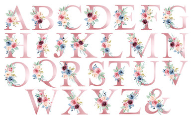 Fototapeta Floral alphabet, letters set with watercolor flowers and leaf. Monogram initials perfectly for wedding invitations, greeting card, logo, poster and other design. Hand painting.  obraz