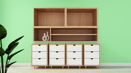 Tv shelf in green room modern tropical style - empty room interior - minimal design. 3d rendering