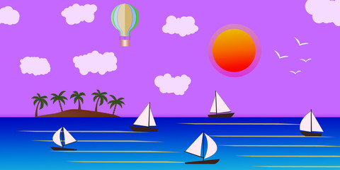 Seascape and Sailing ship. Yacht race, ocean regatta. Travel, holidays, vacation concept. Summer active sport.  