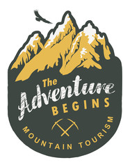 Vector travel banner or pennant in retro style with snow covered mountains, flying eagle and inscription the Adventure begins. Mountain tourism