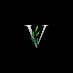 Nature Green Alphabet - V Letter With Green Leaf