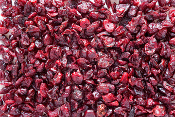 Dry organic cranberries, top view. Overhead. Close-up.