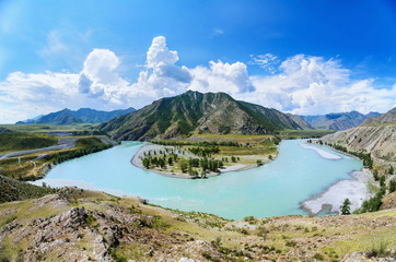 Confluence of Katun and Chuya rivers forming a horseshoe, Altai Republic
