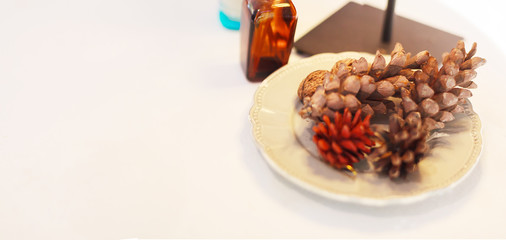 Desk decorating with dried color dyed pine cones. DIY Crafts, Home interior Design, Decoration, Living Room, Arts, Architecture, Natural Material, Creative Idea, Christmas Ornament and Holiday Concept