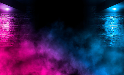 Empty scene background. Empty room with brick walls and neon light. Smoke, could
