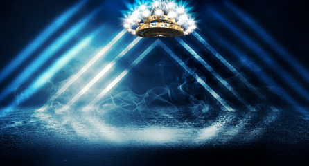 Empty scene background. Empty room with burning antique chandelier. Neon light smoke