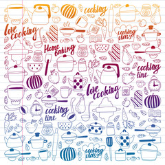 Vector set of children's kitchen and cooking drawings icons in doodle style. Painted, colorful, gradient on a piece of linear paper on white background.