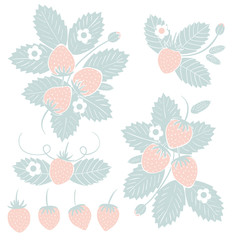 Naklejka premium Summer or spring season frame with strawberry, leaves and flowers. Decoration element for cards and seasonal decor. Frame background pastel blue and pink colors