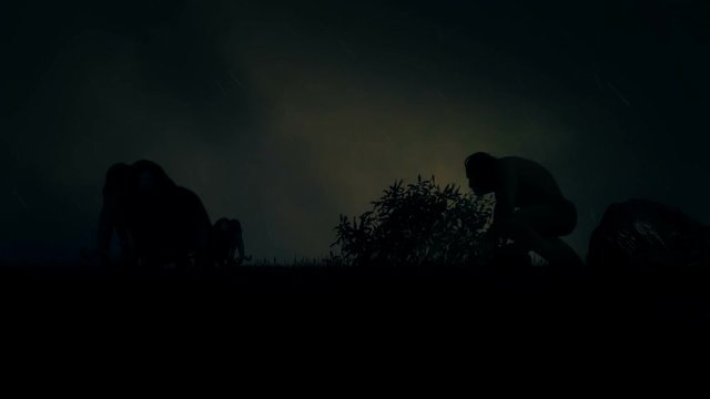 Caveman Ambushing Mammoths for Hunting Under Storm