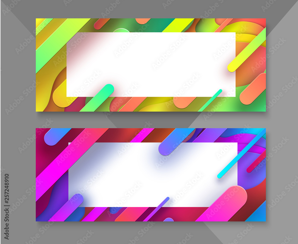 Wall mural set of abstract banners with white frame and colorful geometric pattern.