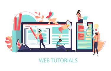 Web tutorials. Color illustration with laptop, smartphone and people study, flat style.