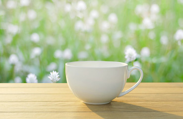 cup of tea on wooden table in the garden