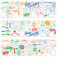 Fototapeta na wymiar Vector set of children's kitchen and cooking drawings icons in doodle style. Painted, colorful, pictures on a piece of linear paper on white background.